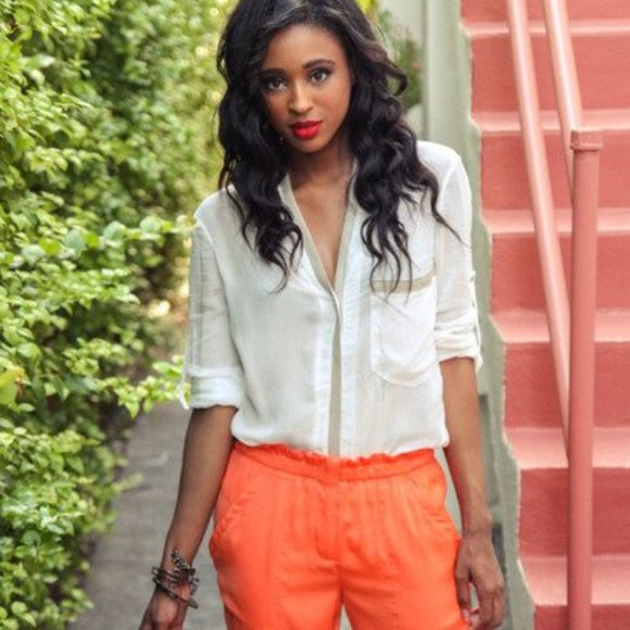 BCBGMaxAzria womens cuffed orange paperbag pants - Picture 3 of 6